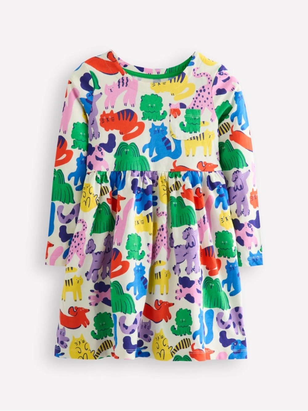 Mini Boden Long-Sleeved Fun Jersey Twirl Dress Rainbow Animal Pets 7/8